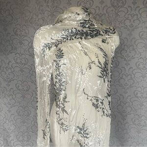 Coquette Fairycore Silk Sheer Mesh Wrap Cream Floral Scarf with Slate Gray Print